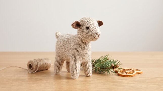 Knitted sheep figurine with pine twig and dried orange