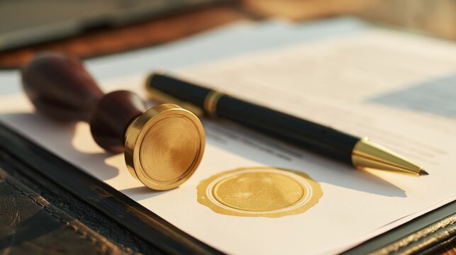 A brass wax seal stamp and a gold-capped pen resting on a legal document with a gold seal sticker