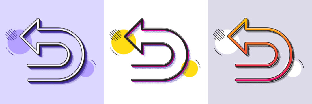 Undo arrow line icon. Halftone dotted pattern. Gradient icon with grain shadow. Left turn direction symbol. Navigation pointer sign. Line undo icon. Various designs. Vector