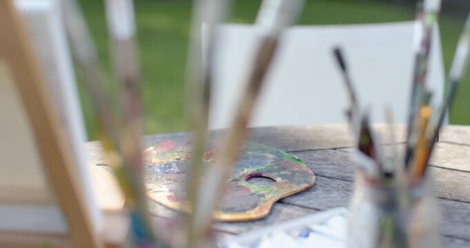 Camera is pulling focus from palette to brushes, revealing frayed bristles for garden studio use