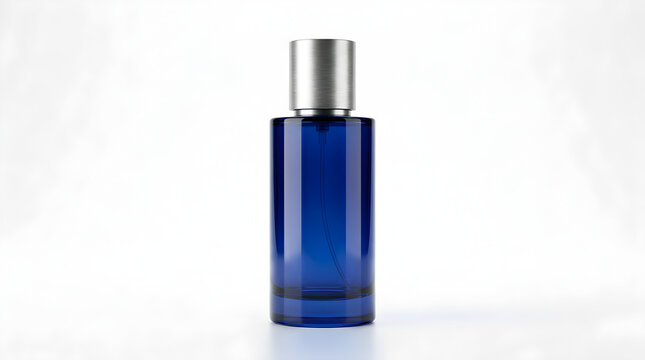  Option 1 (Descriptive): Deep Blue Glass Perfume Bottle with Brushed Silver Metallic Cap on White Background   
JPG
Option 2 (Commercial): Luxury Blue Glass Fragrance Spray Bottle Mock