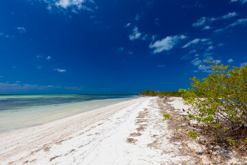 Tropical sandy beach and an exotic view of the Atlantic Ocean against a blue sky with clouds in Cuba, Caribbean – background for projects, wallpaper © anettastar