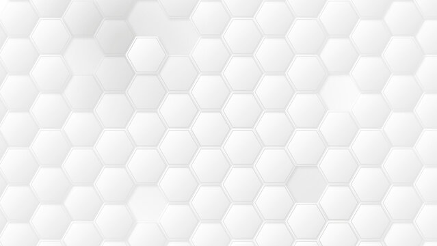 White 3D Hexagon Background with Minimal Geometric Patterns and Soft Shadows. Abstract White 3D Geometric Background with Repeating Hexagonal Layers.