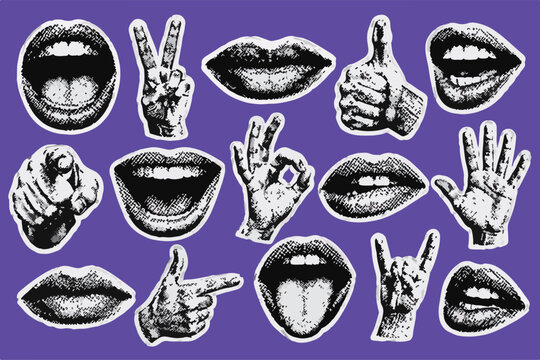 Retro Pop Art Halftone Hands and Mouths Collage on Purple Background
