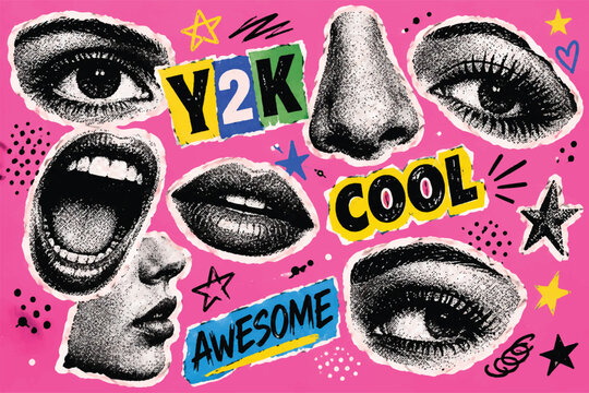 Y2K Retro Pop Art Facial Features Collage on Pink Background