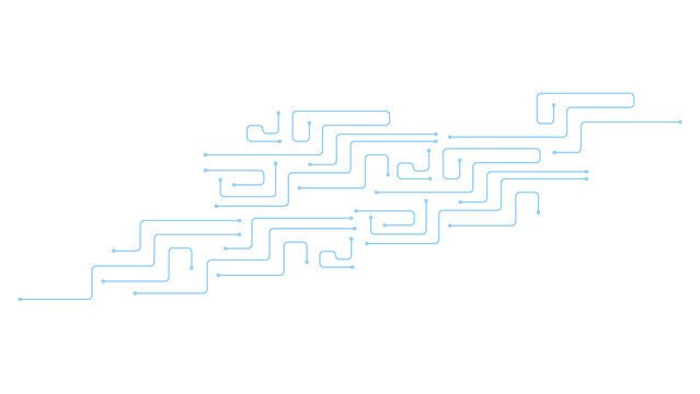 Abstract Blue Circuit Board Lines with Connected Electronic Nodes on White Background. Digital Technology Network Illustration with Blue Circuit Pathways and Connection Points.
