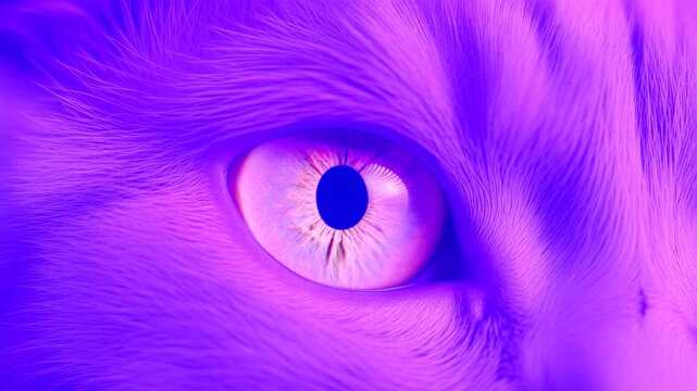 Extreme macro photorealistic footage of a cat with naturally textured soft muted purple fur and glowing white-violet eye
