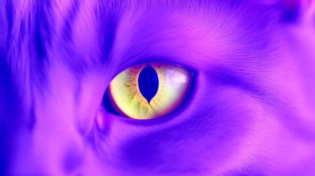 Extreme macro photorealistic footage of a beautiful cat with soft muted lavender-purple fur and yellow-gold iris

