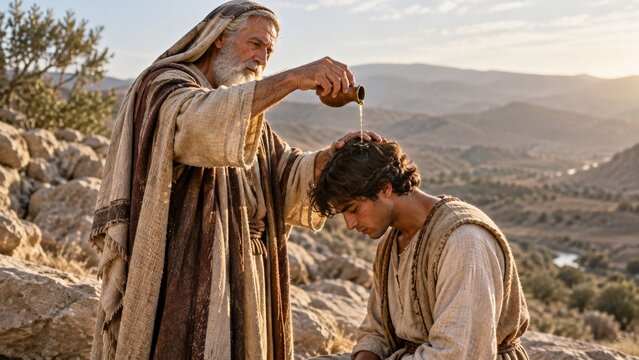 Biblical Prophet Anointing a Young Man with Oil in a Desert Ceremony