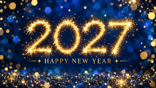 Happy New Year 2027 Sparkling Text on Luxury Blue Glitter and Bokeh Background