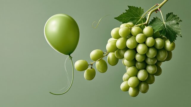 Photorealistic fruit humor with levitating grape balloons escaping on soft green backdrop