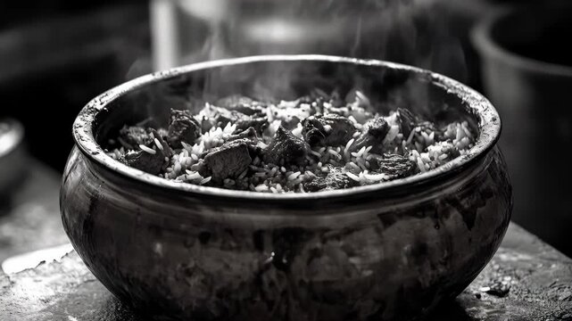 Steam rising from a traditional rice and meat dish in a rustic clay pot