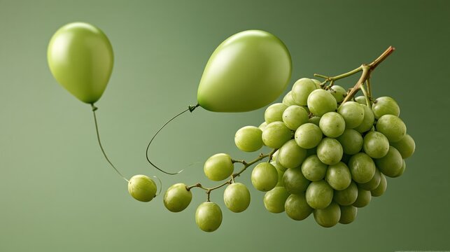 Grapes detaching one by one floating upward like helium balloons escaping birthday party on green wall