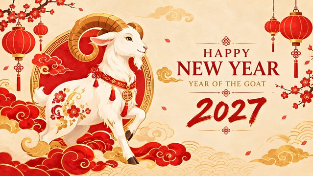 Chinese New Year 2027 Year of the Goat Traditional Asian Painting Background