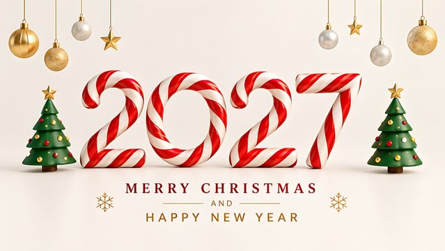 2027 Merry Christmas and Happy New Year Background with Candy Cane Numbers and Trees