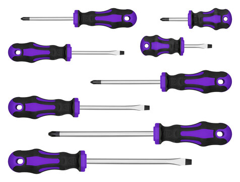 High quality chrome vanadium toolset template with Purple assorted phillips and slotted tips. Clean minimalist technical asset layout for engineering brand