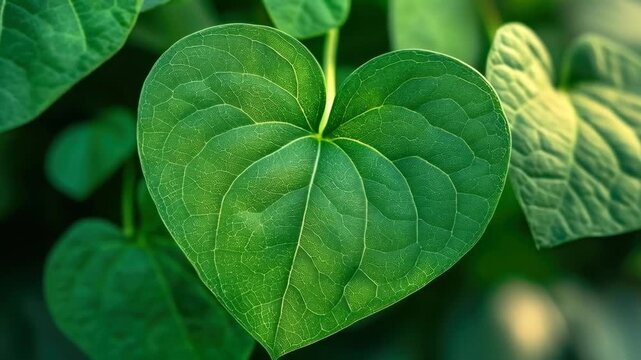 Close-up of a heart-shaped green leaf with intricate vein texture