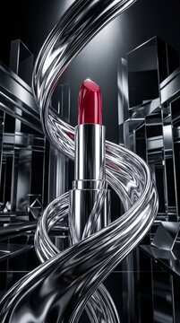 A red lipstick stands among flowing silver ribbons and reflective geometric panels. Concept for futuristic makeup campaigns and luxury beauty posters. Generative AI.