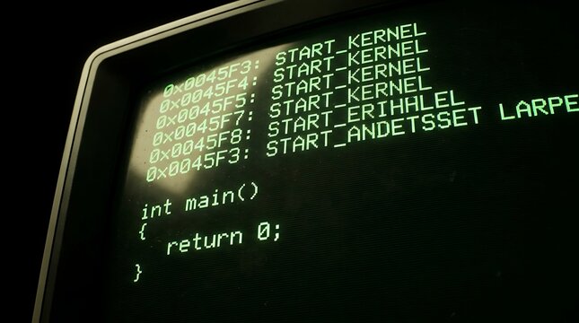Retro computer monitor displaying green text code lines on a dark screen in a dark room