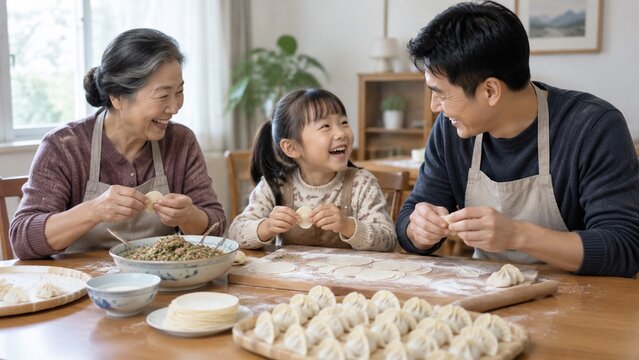 Multigenerational East Asian family making dumplings together at home