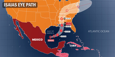 Hurricane Isaias Eye Path Forecast Map Showing Storm Track Across the Gulf of Mexico and Southeastern United States © Sajid