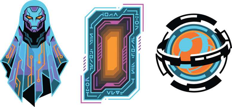 Futuristic cyberpunk sci-fi collection featuring a glowing robotic circuit ghost character, an alien digital neon portal doorway, and a mechanical artificial planet with tech rings.