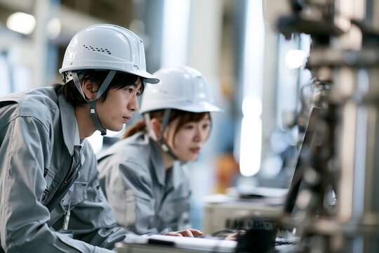 工場でPC画面を確認するヘルメット姿の若い日本人技術者たち