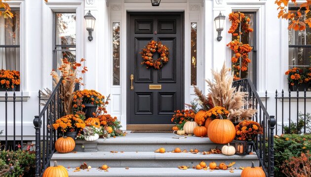 Autumn front porch decorated with pumpkins wreath and seasonal fall arrangements
