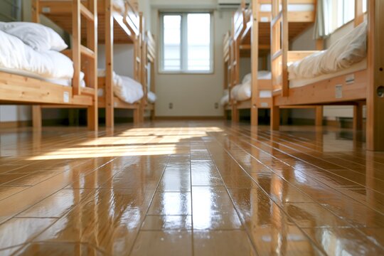 合宿や寮に最適な清潔な二段ベッドの部屋に差し込む光