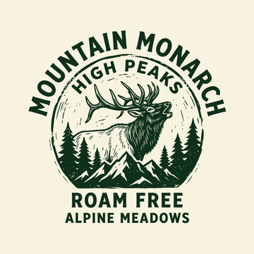 Vintage mountain monarch elk logo with alpine meadows and pine trees design.