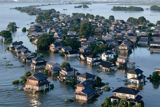 異常気象による洪水で冠水した家並み広がる被災風景