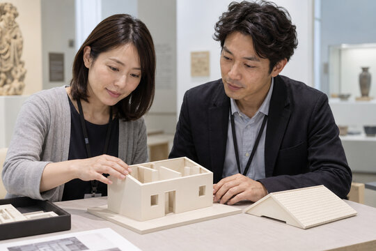 触察用建築模型を点検する展示スタッフ
