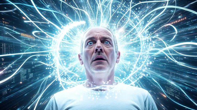 Middle-aged man experiencing digital consciousness upload. Conceptual representation of neural interface and artificial intelligence integration. Panning and tilting camera movement.
