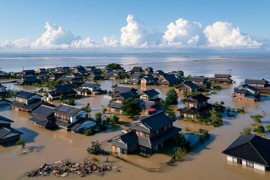 豪雨で泥水に浸水した家屋が並ぶ被災集落の風景