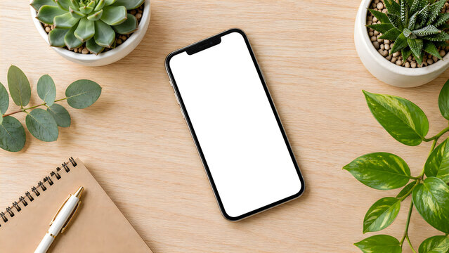 A top down view of a mobile phone displaying a white screen set on a wooden surface with potted plants ideal for creative mockups or lifestyle content