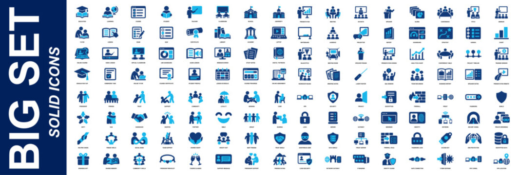 Mega icons set of VPN security, Online education, Friendship, Business presentation, Privacy protection, E learning, Social connection, Corporate meeting. Solid icons collection. Vector illustration.