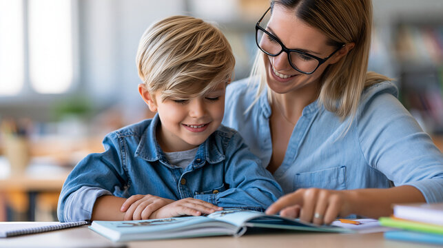 Elementary teacher tutoring a young boy with a reading book on a classroom desk, both smiling while studying together, literacy education, personalized learning, academic support,