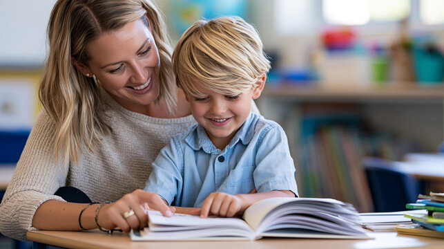 Elementary teacher tutoring a young boy with a reading book on a classroom desk, both smiling while studying together, literacy education, personalized learning, academic support,