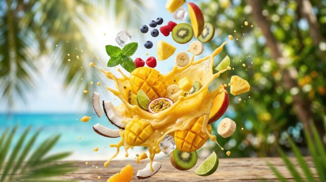 Mango smoothie splash, flying tropical fruit slice, fresh cold beverage, sweet coconut milk shake, healthy summer juice drink, organic breakfast cocktail, dynamic liquid motion, sunny beach background