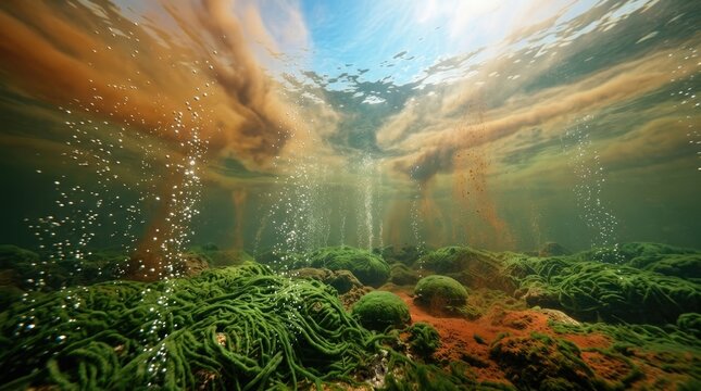 Trillions of ancient green cyanobacteria mats releasing pure oxygen bubbles in prehistoric ocean, causing dissolved iron to rust and fall as deep red precipitate under sunlight.
