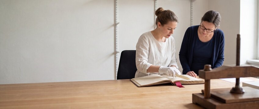 Buchrestauratoren pr&uuml;fen historische Handschrift im Archiv