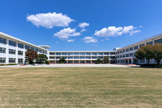 広々とした校庭に囲まれたコの字校舎晴れ渡る学校の風景