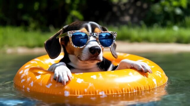 Cute Beagle Dog Wearing Sunglasses in an Orange Pool Float