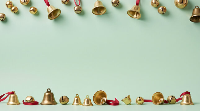 Gold Christmas bells on soft mint green background, festive holiday decoration framing with red ribbons, elegant minimalist seasonal design template. High quality commercial photo.