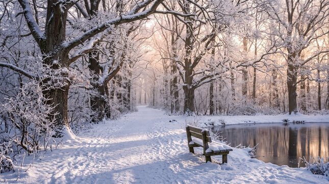 Serene winter forest path with bench beside frozen lake at golden hour