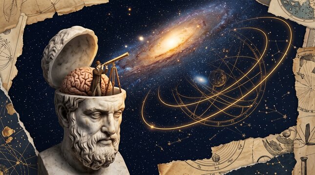Ancient Greek Philosopher Bust with Telescope Observing Galaxy and Celestial Charts
