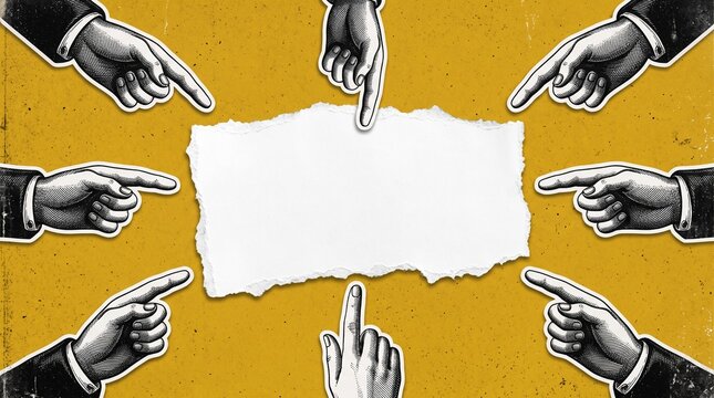 Multiple hands pointing fingers at blank torn paper on a textured yellow background symbolizing blame accusation or pointing out a problem