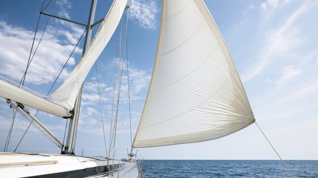 White jib sail on sailboat with blue sea, sailing and freedom concept