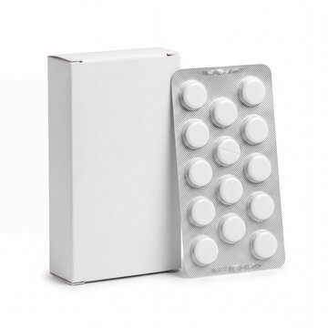 Blank white medicine box with blister pack of white tablets, plain pharmaceutical packaging mockup isolated on white background