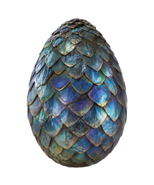 Magnificent iridescent dragon egg, covered in shimmering blue and green scales, stands majestically against a clean white background